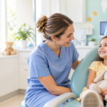 Illustrated pediatric dentist welcoming a parent and child for a first dental visit